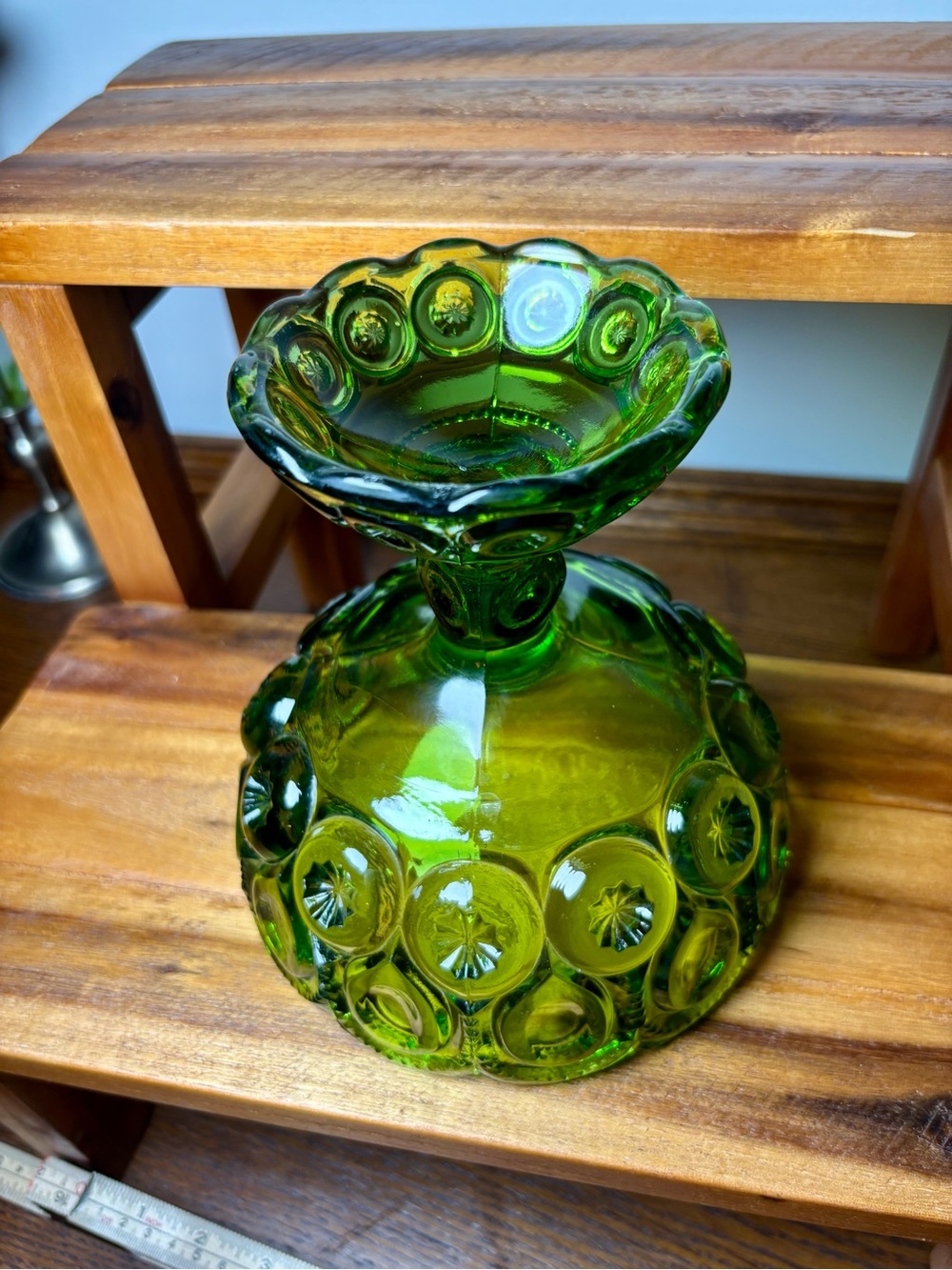 MCM "Moon and Stars" green glass open compote footed candy dish VTG LE Smith - Picture 4 of 7